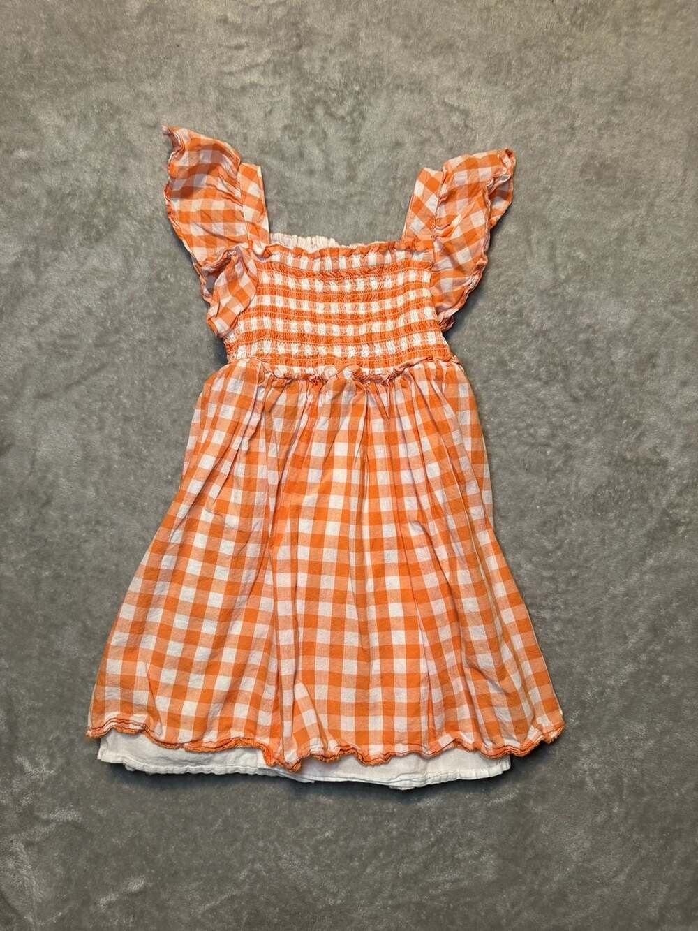 Sigrid Olsen Kids Orange and White Gingham Smocked Flutter Sleeve Dress